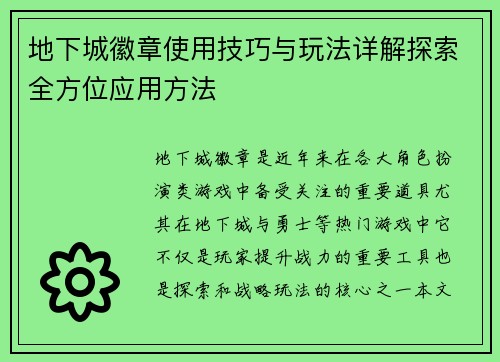 地下城徽章使用技巧与玩法详解探索全方位应用方法 地下城徽章使用技巧与玩法详解探索全方位应用方法